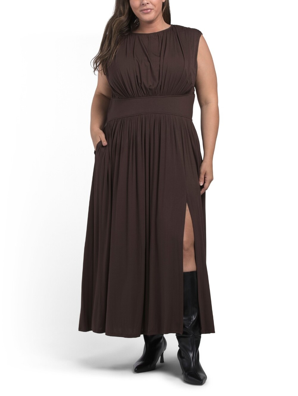 Taylor Plus-Size Brown Maxi Dress with Side Slit-Chocolate NWT